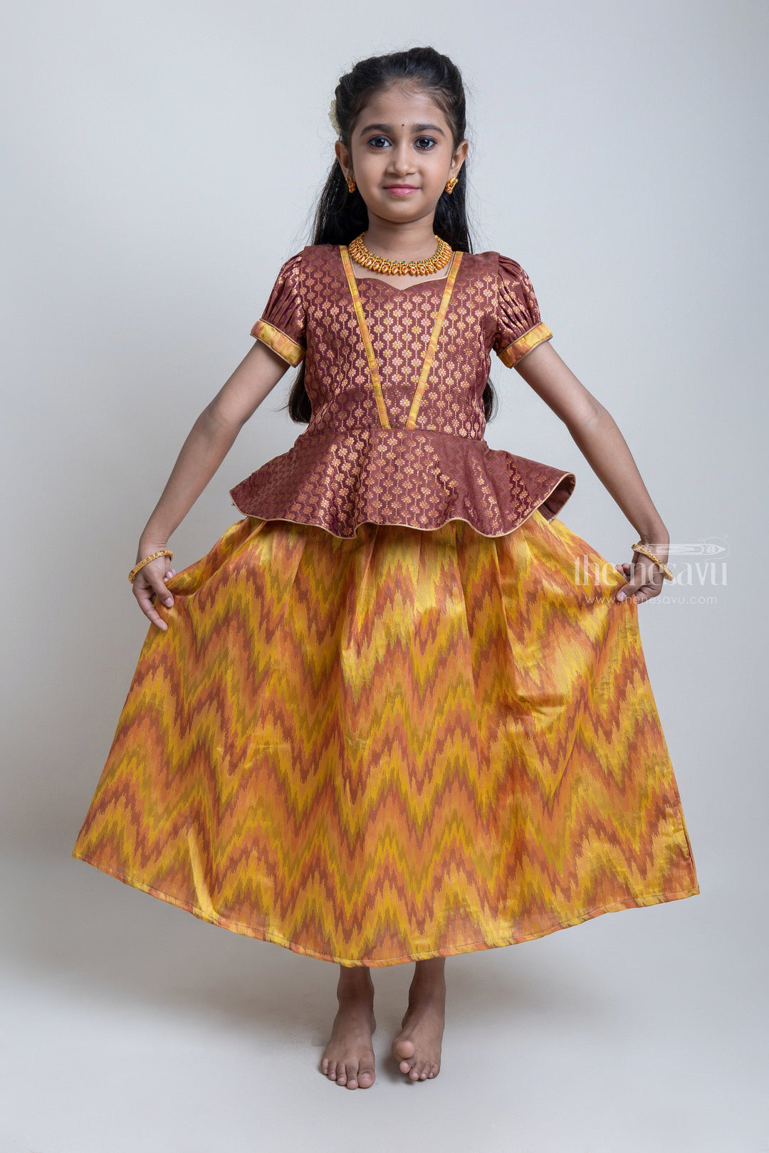 The Nesavu Pattu Pavadai Gorgeous Brown Floral Designed Silk Blouse With Ziz-Zag Pattu Pavadai For Girls Nesavu Traditional Wear For Girls | Latest Pattu Pavadai | The Nesavu