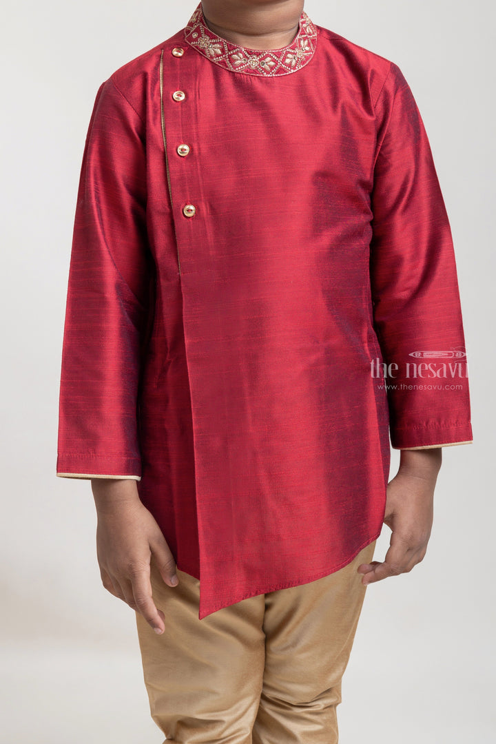 The Nesavu Boys Kurtha Set Gorgeous Cherry Red Floral Embroidered Neck Kurta With Contrast Beige Pant For Boys Nesavu Ethnic Wear For Boys | Red Kurta Set For Boys | The Nesavu