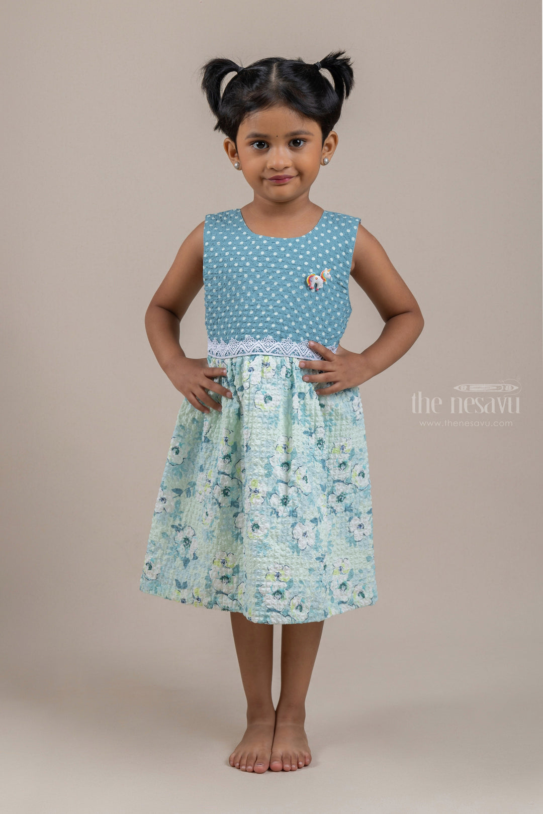 The Nesavu Baby Frock / Jhabla Gorgeous Dot Printed Gray Yoke With Floral Printed Green Frock For baby Girls psr silks Nesavu 14 (6M) / Green BFJ396A