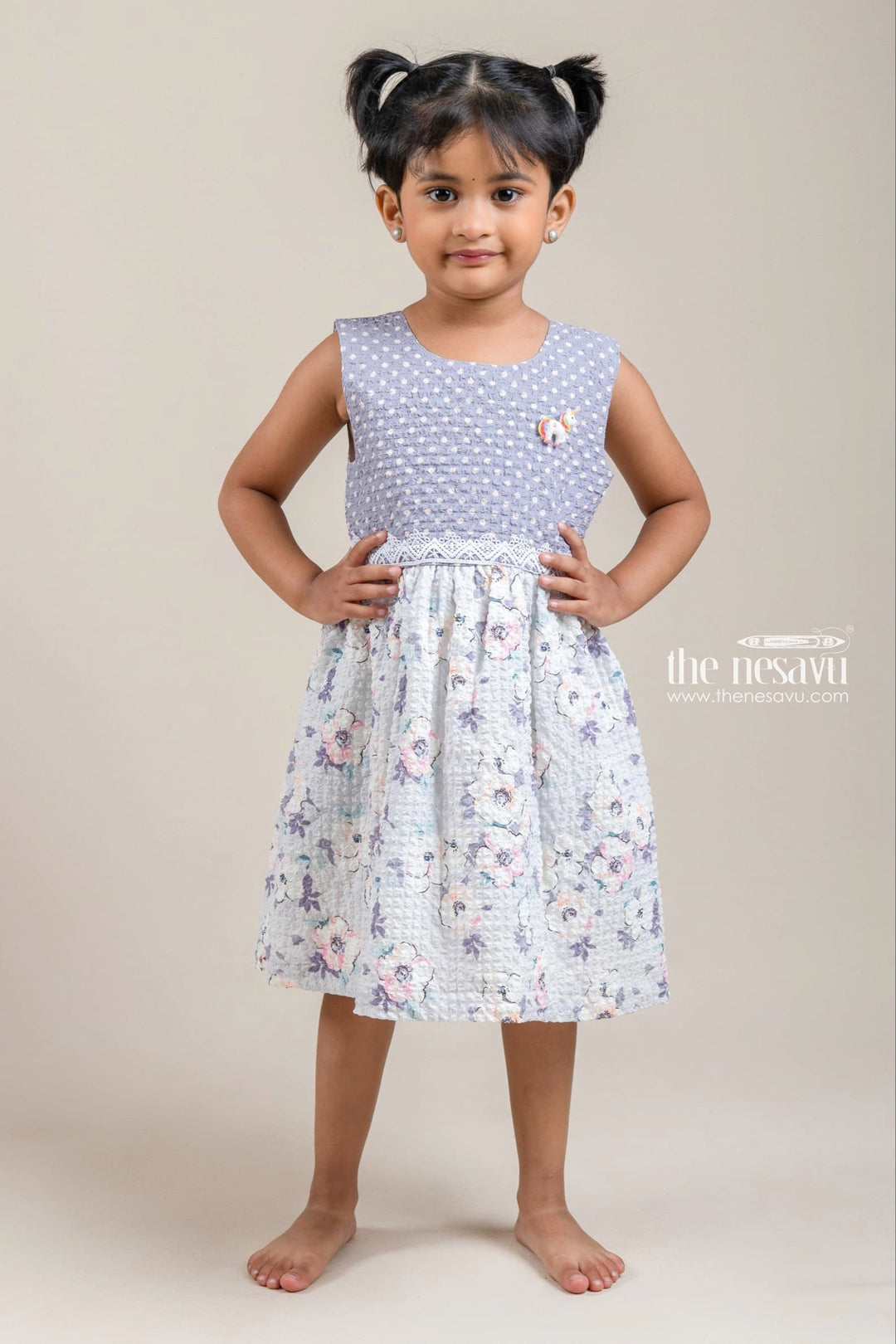 The Nesavu Baby Fancy Frock Gorgeous Dot Printed Gray Yoke With Floral Printed White Frock For baby Girls Nesavu 14 (6M) / Gray / Cotton Blend BFJ396B-14 Stunning Frock Suit Design | Premium Casual Wear | The Nesavu