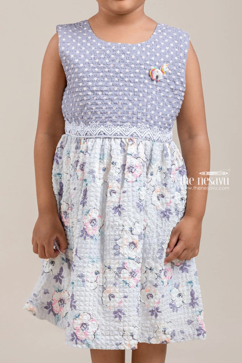 The Nesavu Baby Fancy Frock Gorgeous Dot Printed Gray Yoke With Floral Printed White Frock For baby Girls Nesavu Stunning Frock Suit Design | Premium Casual Wear | The Nesavu