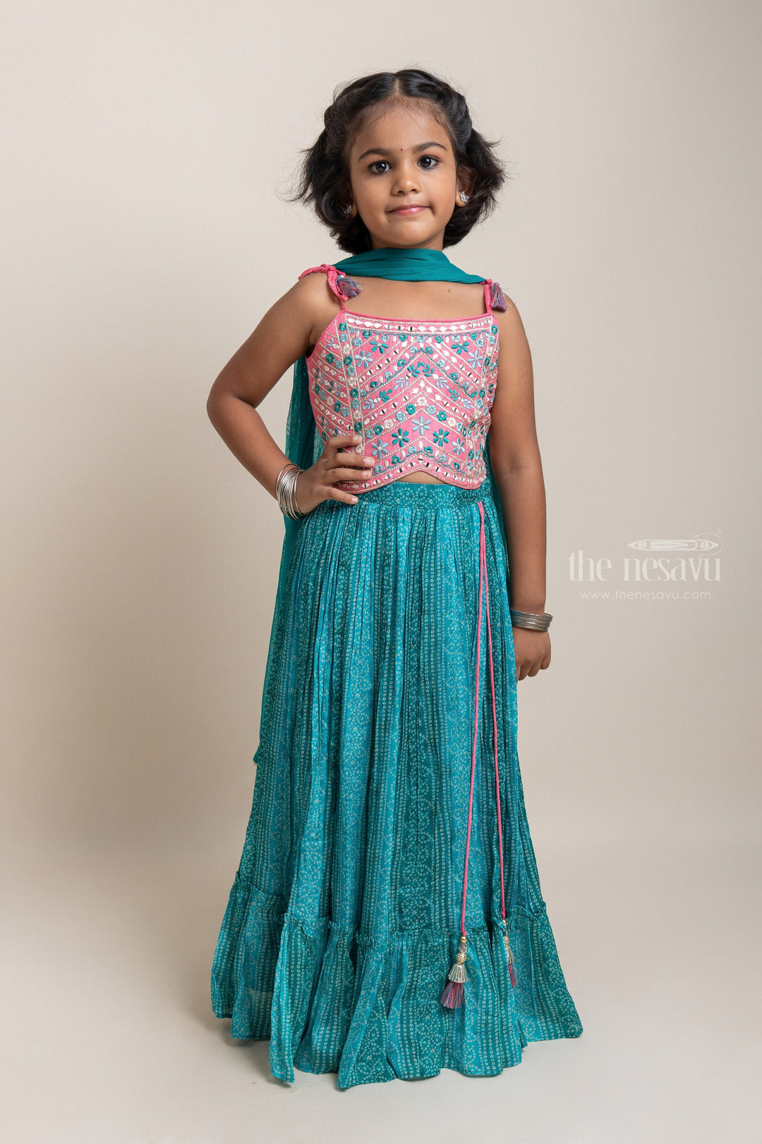 The Nesavu Lehenga & Ghagra Gorgeous Floral Embroidery Pink Choli With Bandhini Printed Chiffon Green Lehenga For Girls Nesavu 16 (1Y) / Green / Crepe GL319-16 Floral Designer Dresses For Girls | Ethnic wear For Girls | The Nesavu