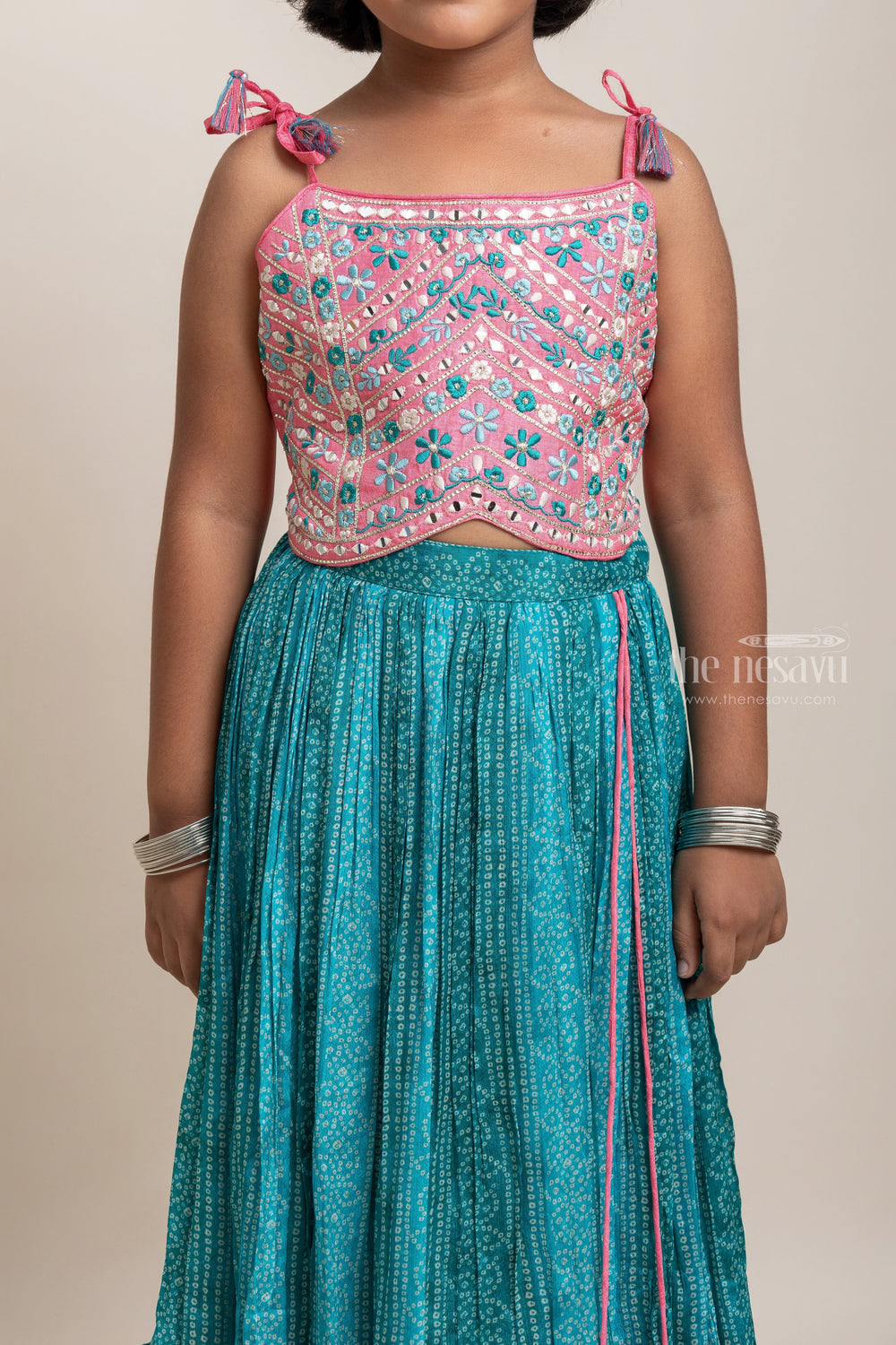 The Nesavu Lehenga & Ghagra Gorgeous Floral Embroidery Pink Choli With Bandhini Printed Chiffon Green Lehenga For Girls Nesavu Floral Designer Dresses For Girls | Ethnic wear For Girls | The Nesavu