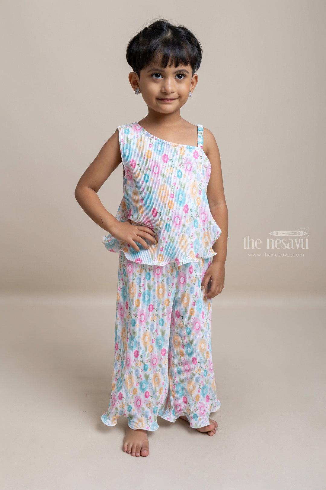 The Nesavu Girls Jumpsuit Gorgeous Floral Printed Ruffled Style Chiffon Jumpsuit For Baby Girls Nesavu 16 (1Y) / multicolor / Georgette BFJ348A Stylish baby frocks Collection online | Latest Jumpsuit Collection | The Nesavu