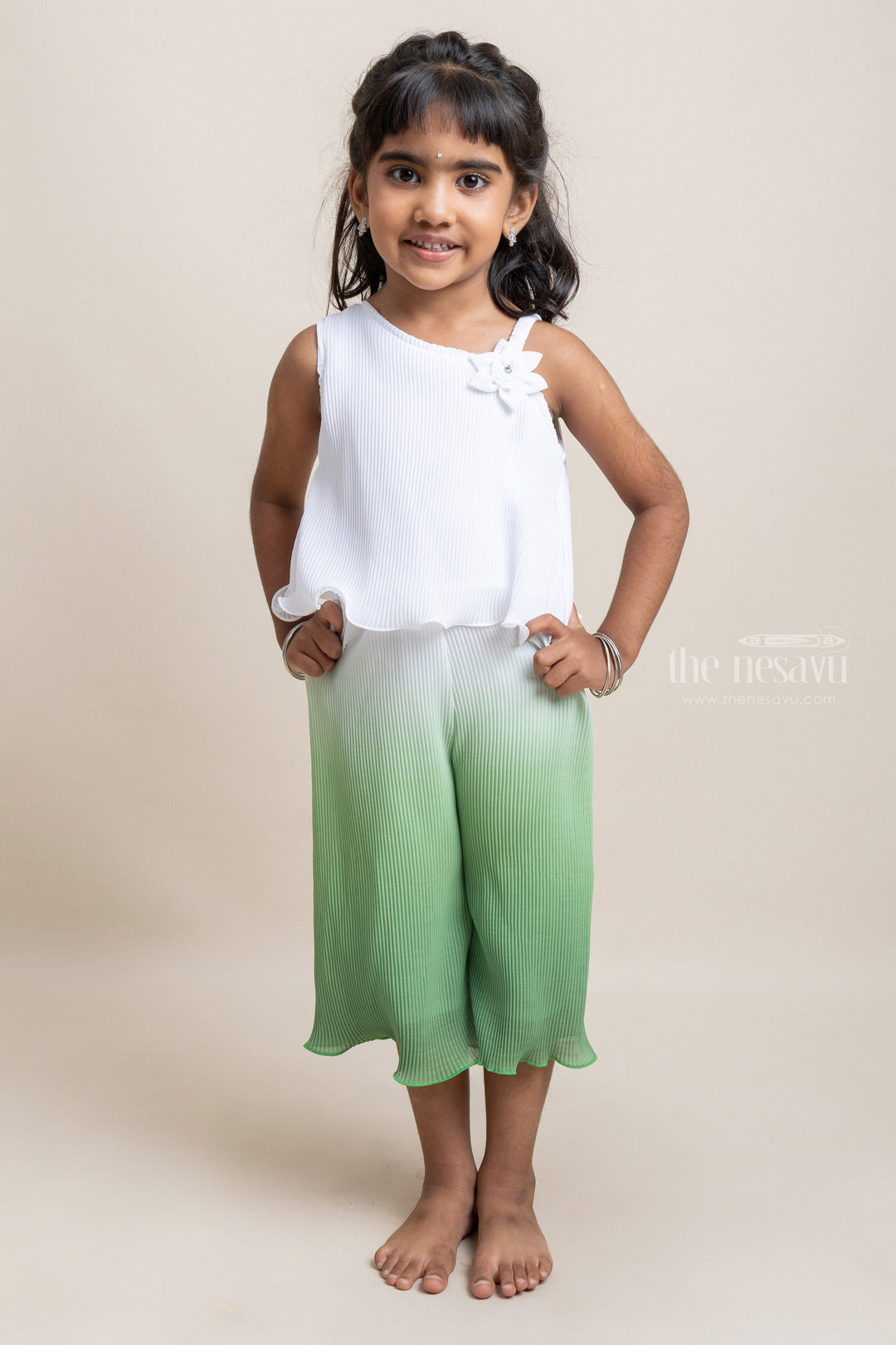 The Nesavu Girls Jumpsuit Gorgeous Green And White One Shoulder Pattern Pleated Jumpsuit For Girls Nesavu 16 (1Y) / Green / Georgette BFJ357A-16 Affordable cotton frocks for babies | Trendy Collection For Girls | The Nesavu