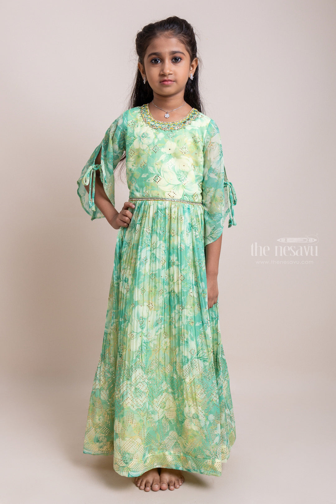 The Nesavu Party Gown Gorgeous Green Floral Chinos Semi Silk Printed Anarkali For Young Girls Nesavu 16 (1Y) / Green / Georgette GA132-16 Latest Anarkali Dress For Girls | Ethnic Wear For Girls | The Nesavu