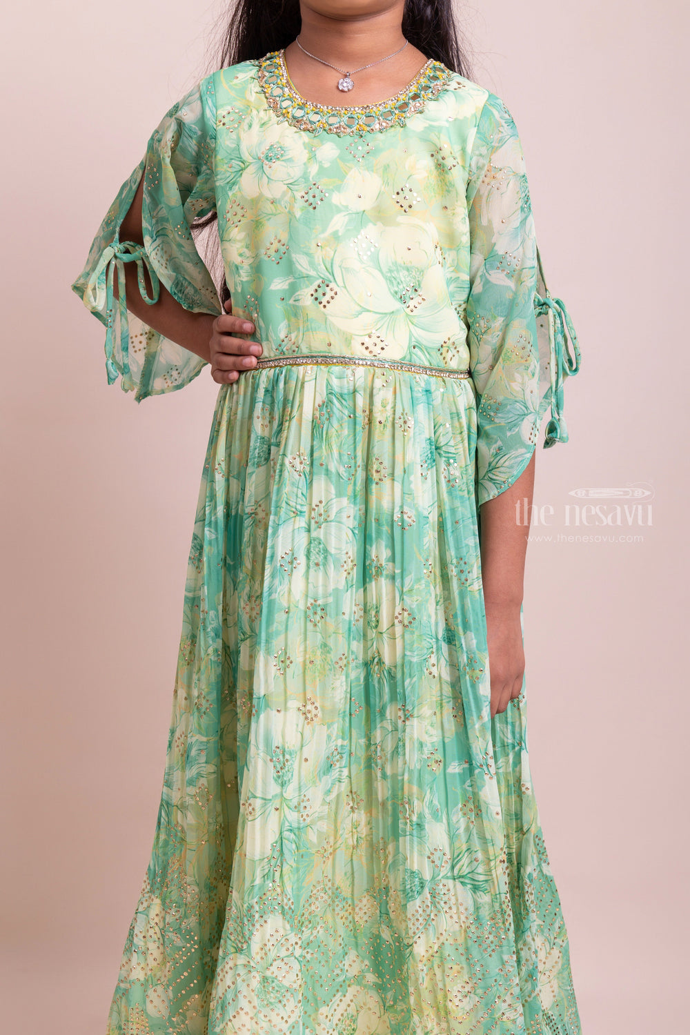The Nesavu Party Gown Gorgeous Green Floral Chinos Semi Silk Printed Anarkali For Young Girls Nesavu Latest Anarkali Dress For Girls | Ethnic Wear For Girls | The Nesavu