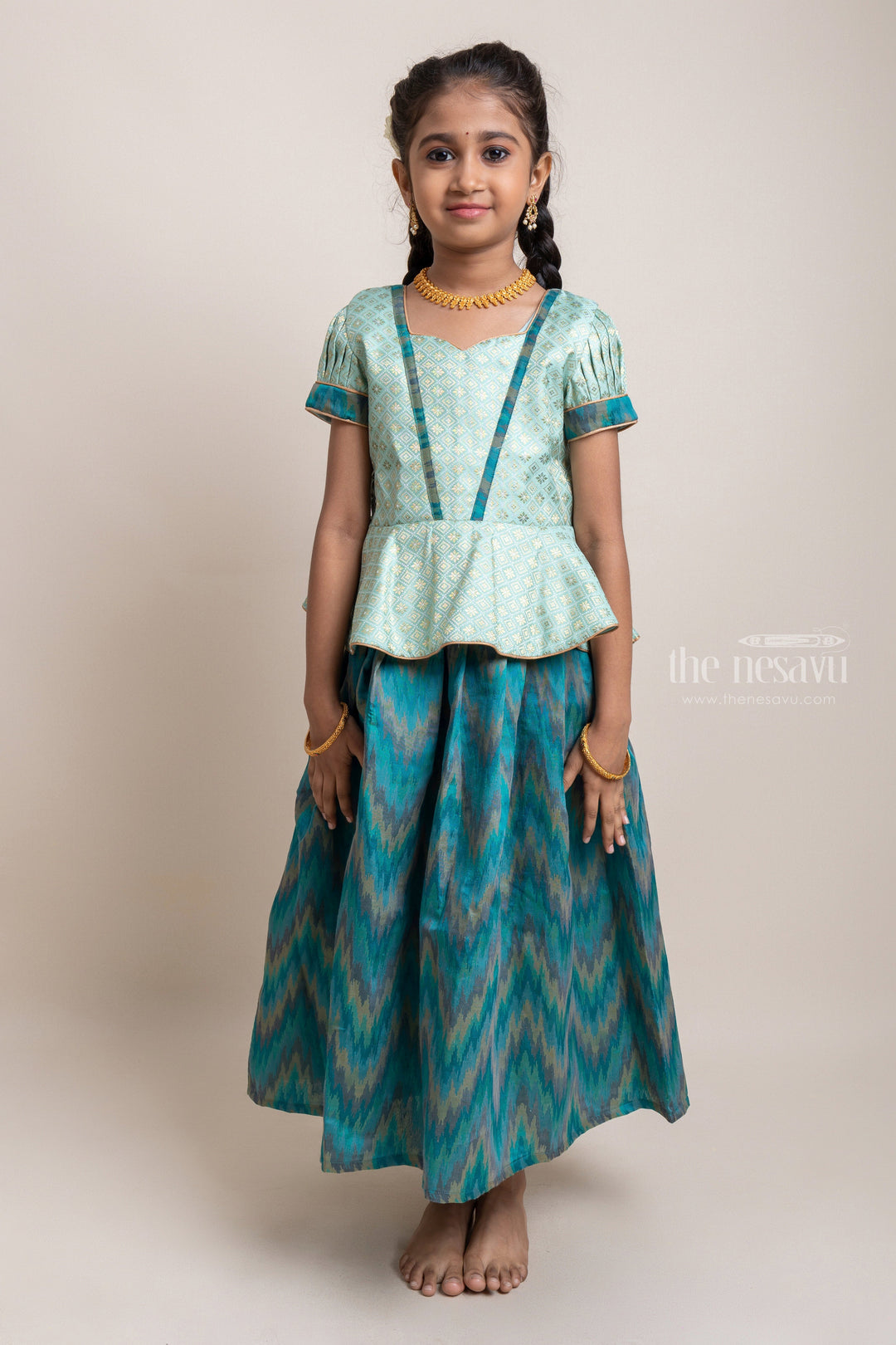The Nesavu Pattu Pavadai Gorgeous Green Floral Designed Silk Blouse With Ziz-Zag Printed Pattu Pavadai For Girls Nesavu 16 (1Y) / Green / Jute Silk GPP253C-16 Traditional Wear For Girls | Latest Pattu Pavadai | The Nesavu