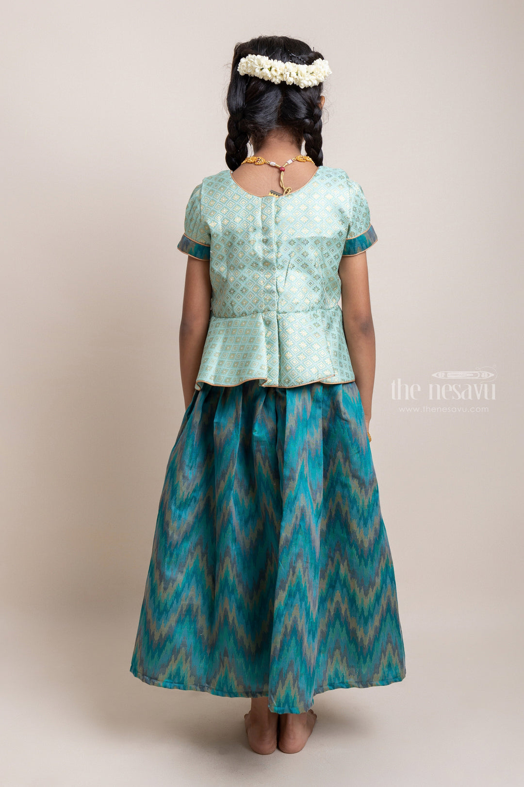 The Nesavu Pattu Pavadai Gorgeous Green Floral Designed Silk Blouse With Ziz-Zag Printed Pattu Pavadai For Girls Nesavu Traditional Wear For Girls | Latest Pattu Pavadai | The Nesavu