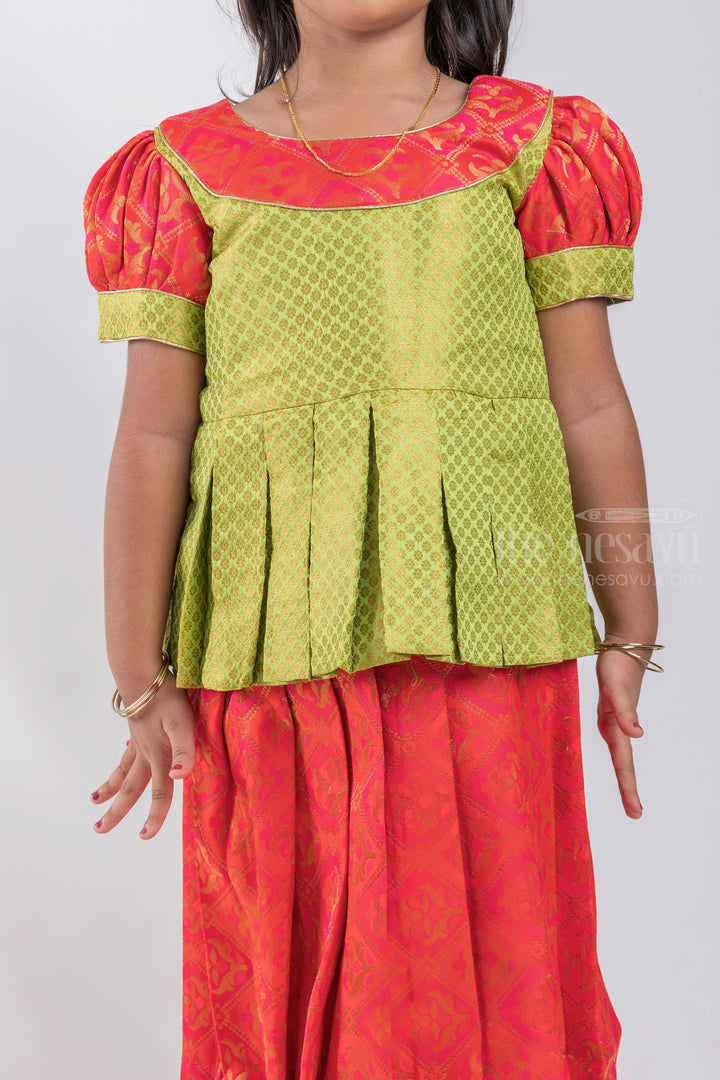 The Nesavu Pattu Pavadai Gorgeous Green Floral Designer Pleated Blouse And Red Pleated Silk Skirt For Girls psr silks Nesavu