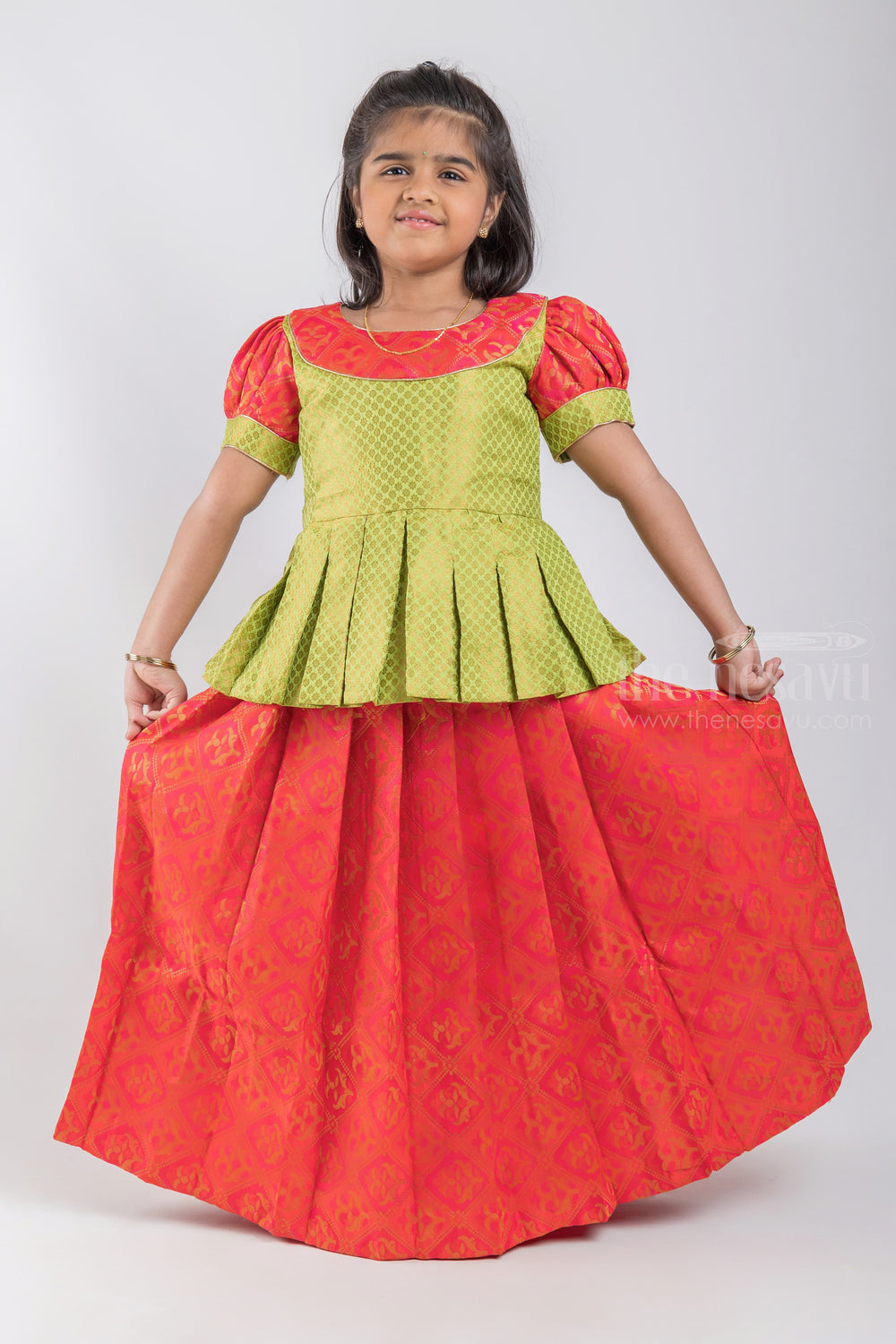 The Nesavu Pattu Pavadai Gorgeous Green Floral Designer Pleated Blouse And Red Pleated Silk Skirt For Girls psr silks Nesavu