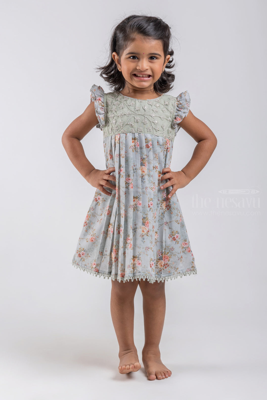 The Nesavu Baby Cotton Frocks Gorgeous Green Floral Printed Pleated Soft Cotton Frock For Baby Girls psr silks Nesavu 14 (6M) / Green / Cotton BFJ388A