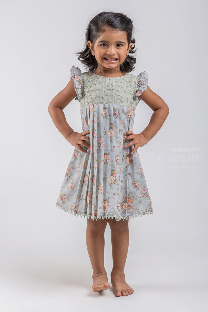 The Nesavu Baby Cotton Frocks Gorgeous Green Floral Printed Pleated Soft Cotton Frock For Baby Girls psr silks Nesavu 14 (6M) / Green / Cotton BFJ388A