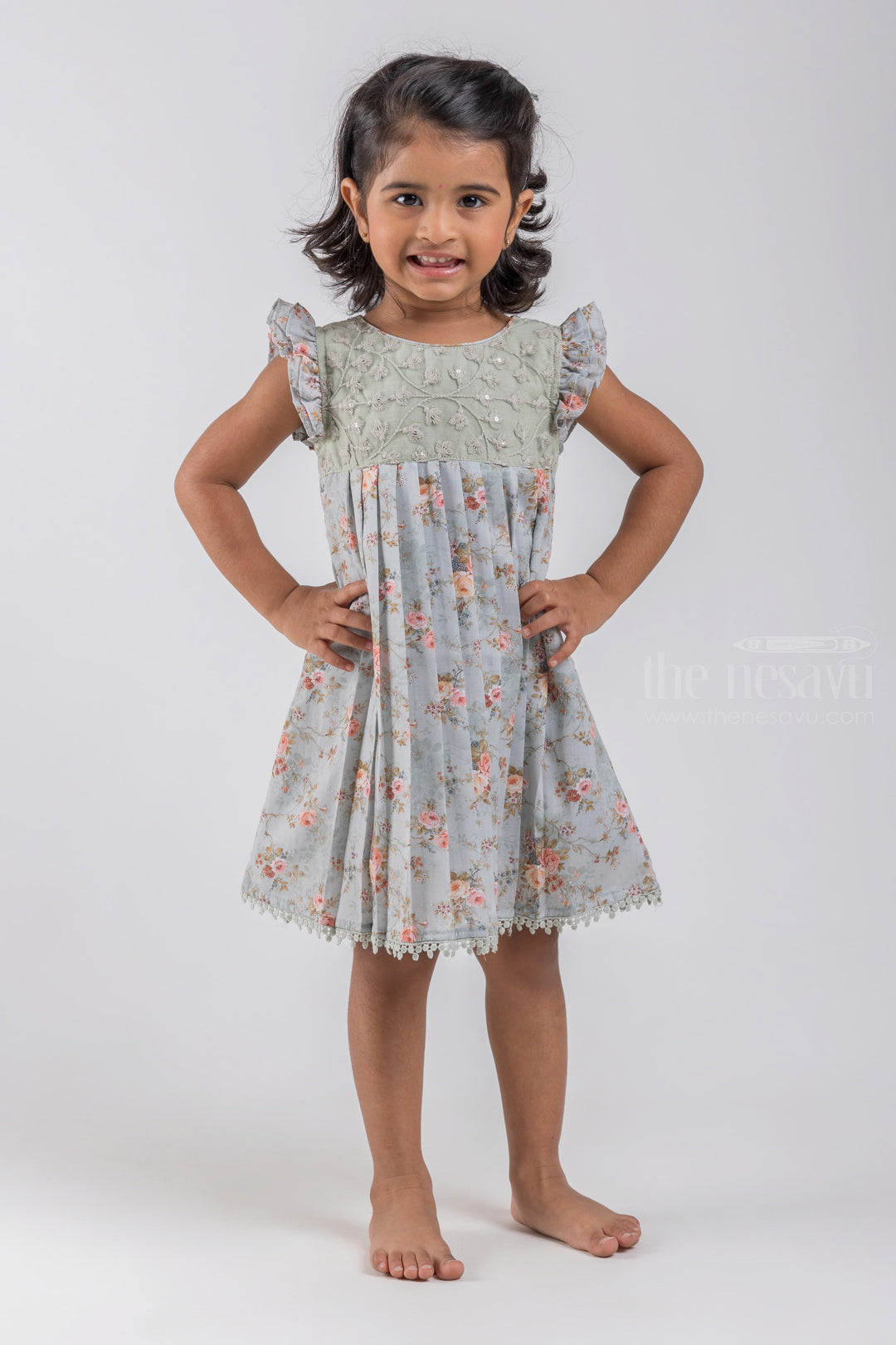 The Nesavu Baby Cotton Frocks Gorgeous Green Floral Printed Pleated Soft Cotton Frock For Baby Girls psr silks Nesavu