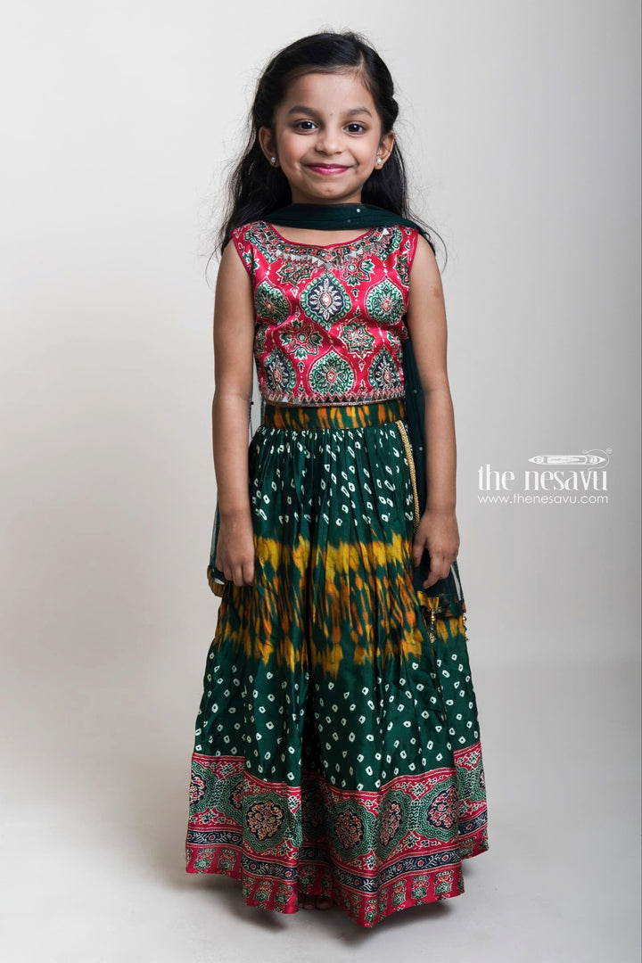 The Nesavu Lehenga & Ghagra Gorgeous Green Ruffled Lehenga With Pink Embroidered Crop Top For Little Girls Nesavu 16 (1Y) / multicolor / Mashru Silk GL309A-16 Traditional Lehenga Choli For Girls| Trending Dresses 2023| The Nesavu