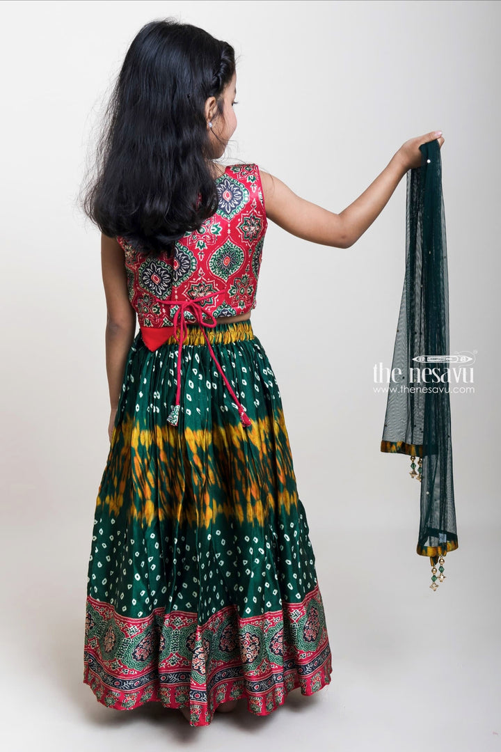 The Nesavu Lehenga & Ghagra Gorgeous Green Ruffled Lehenga With Pink Embroidered Crop Top For Little Girls Nesavu Traditional Lehenga Choli For Girls| Trending Dresses 2023| The Nesavu