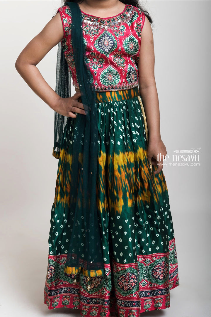 The Nesavu Lehenga & Ghagra Gorgeous Green Ruffled Lehenga With Pink Embroidered Crop Top For Little Girls Nesavu Traditional Lehenga Choli For Girls| Trending Dresses 2023| The Nesavu