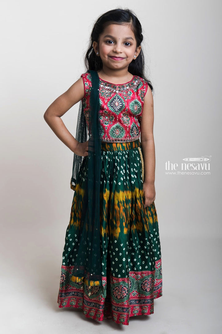 The Nesavu Lehenga & Ghagra Gorgeous Green Ruffled Lehenga With Pink Embroidered Crop Top For Little Girls Nesavu Traditional Lehenga Choli For Girls| Trending Dresses 2023| The Nesavu