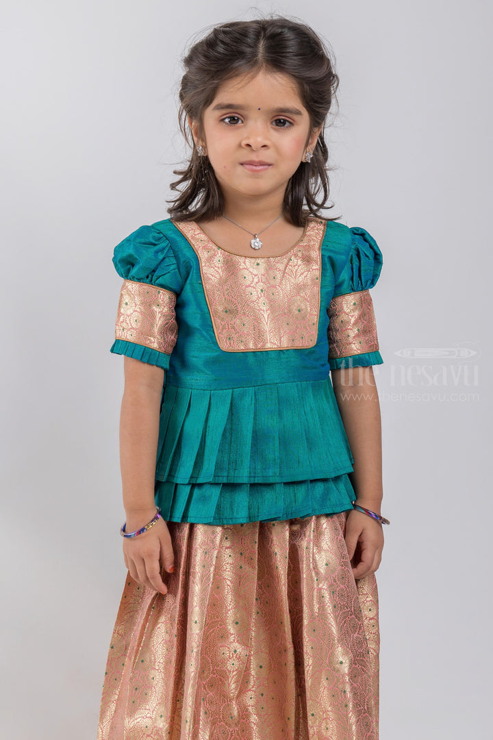 The Nesavu Pattu Pavadai Gorgeous Green Silk Blouse N Zari Banarasi Design Pattu Pavadai For Girls psr silks Nesavu