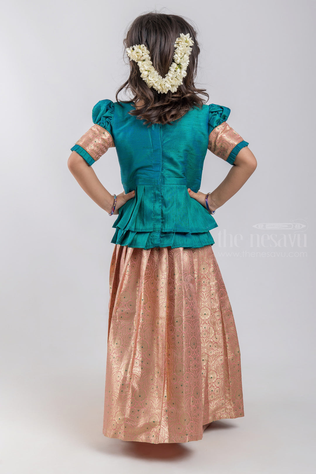 The Nesavu Pattu Pavadai Gorgeous Green Silk Blouse N Zari Banarasi Design Pattu Pavadai For Girls psr silks Nesavu