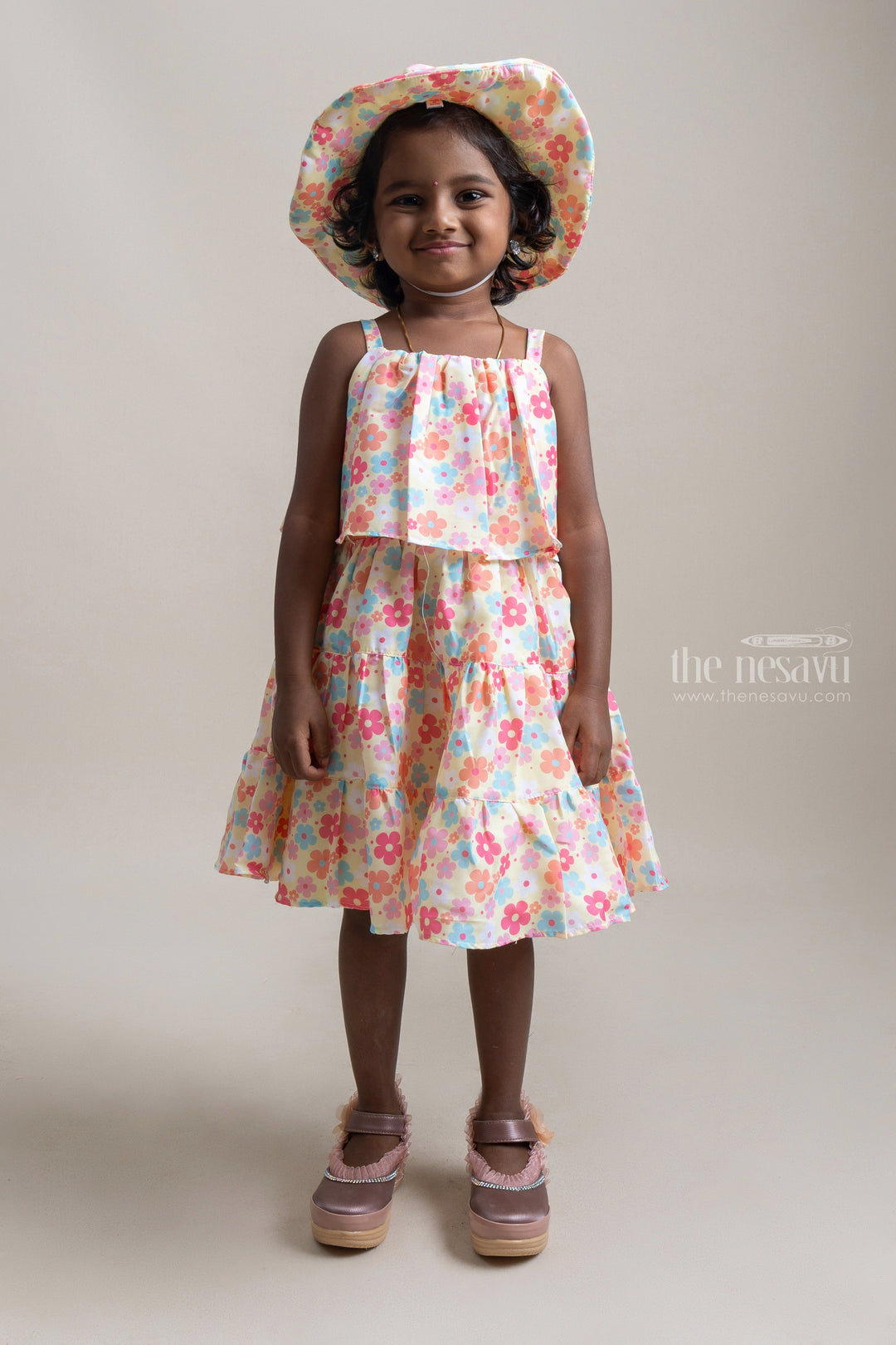 The Nesavu Baby Fancy Frock Gorgeous Multi Colour Floral Printed Sleeveless Baby Frock With Cap Nesavu 14 (6M) / Yellow / Cotton Blend BFJ384A-14 Printed Floral Dress For Baby Girls | Floral Printed Frocks | The Nesavu