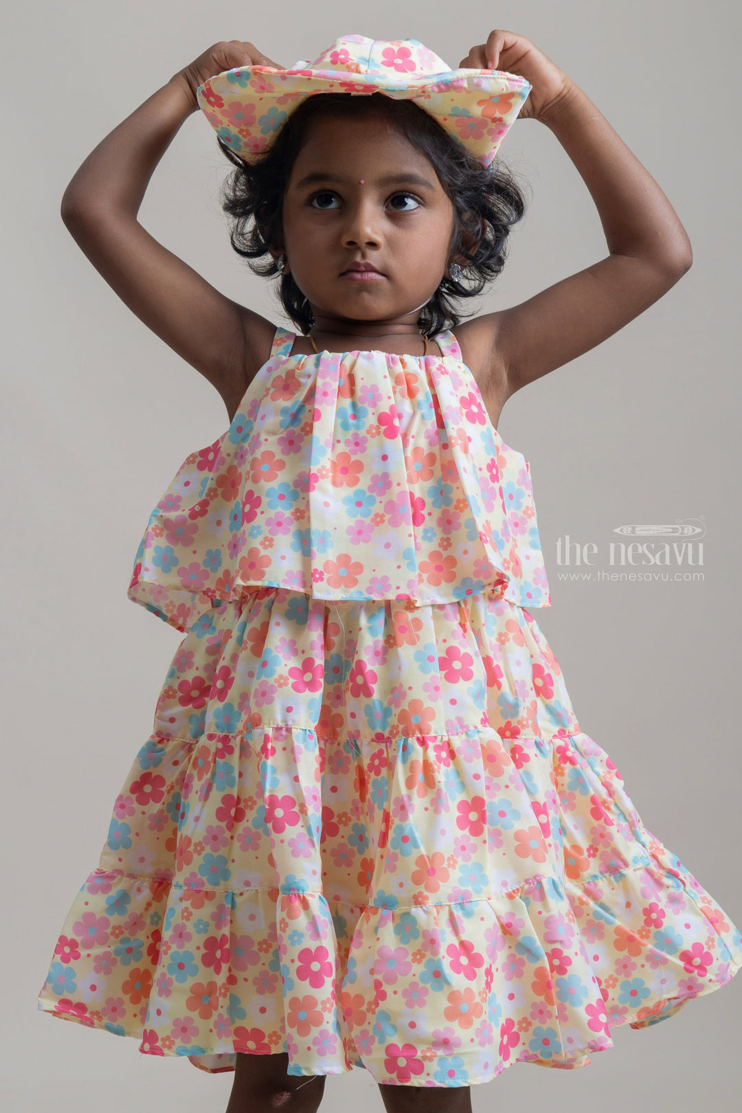 The Nesavu Baby Fancy Frock Gorgeous Multi Colour Floral Printed Sleeveless Baby Frock With Cap Nesavu Printed Floral Dress For Baby Girls | Floral Printed Frocks | The Nesavu