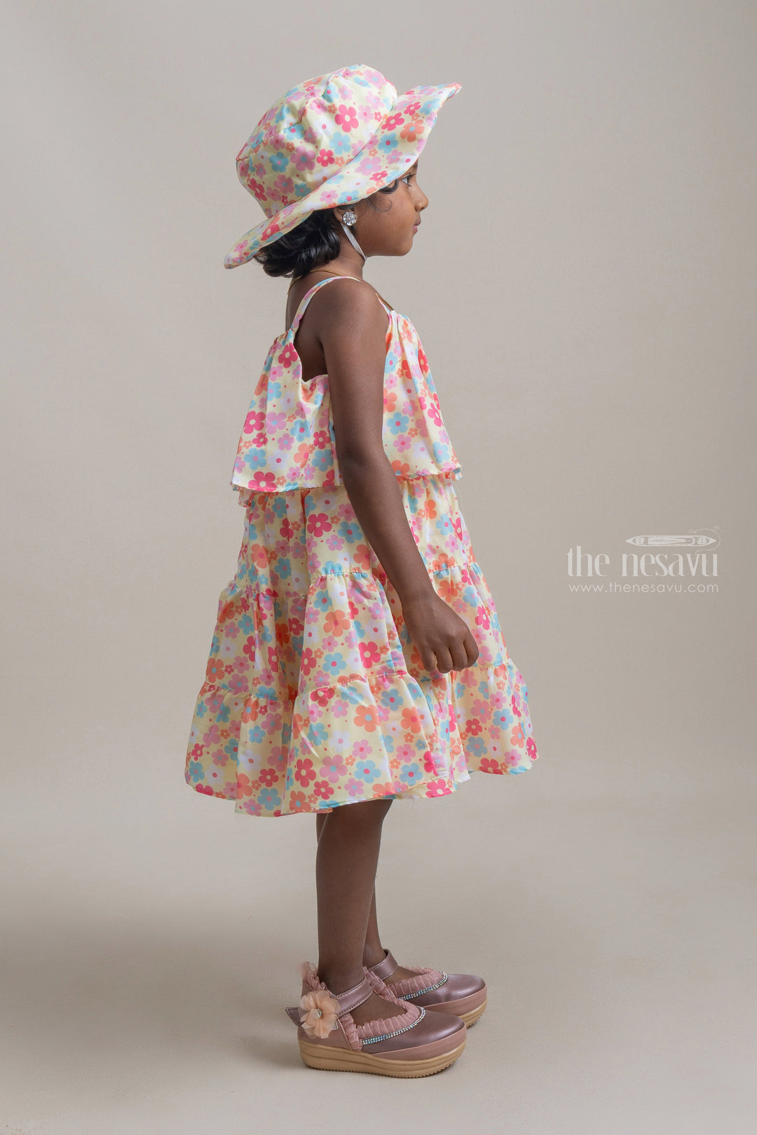 The Nesavu Baby Fancy Frock Gorgeous Multi Colour Floral Printed Sleeveless Baby Frock With Cap Nesavu Printed Floral Dress For Baby Girls | Floral Printed Frocks | The Nesavu