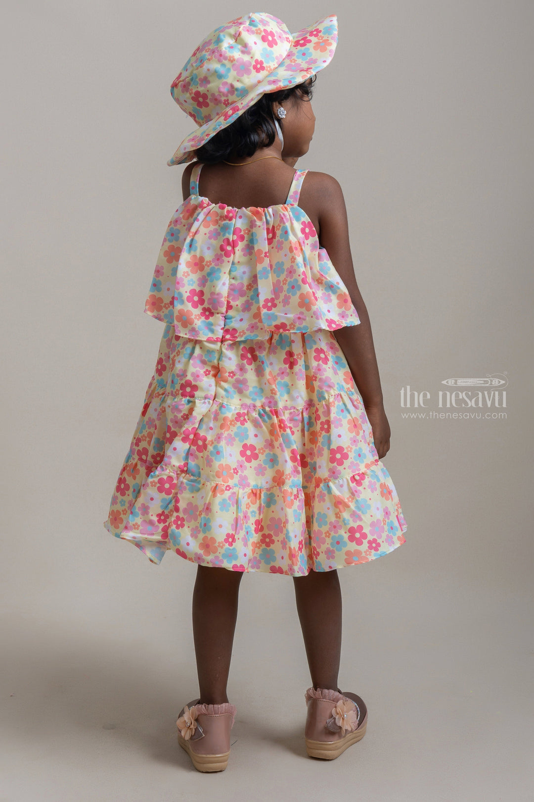 The Nesavu Baby Fancy Frock Gorgeous Multi Colour Floral Printed Sleeveless Baby Frock With Cap Nesavu Printed Floral Dress For Baby Girls | Floral Printed Frocks | The Nesavu