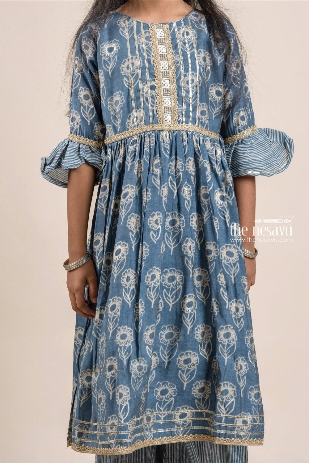 The Nesavu Girls Sharara / Plazo Set Gorgeous Navy Blue Floral Printed Kurti With Striped Palazzo Suit For Girls Nesavu Latest designer Palazzo Suit | Kurti Palazzo Suit For Girls | The Nesavu