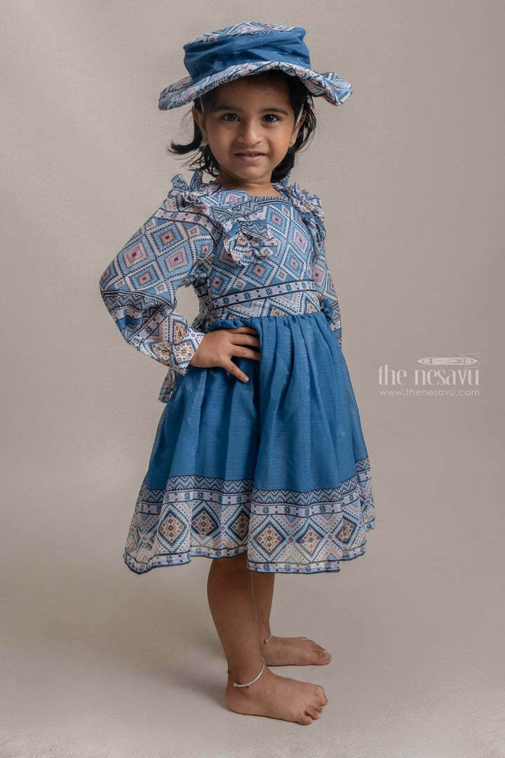 The Nesavu Baby Fancy Frock Gorgeous Navy Blue Geometric Printed Elbow Sleeve Girls Frock With Cap Nesavu Geometric Printed Cotton Frock | Girls Trendy Collection | The Nesavu