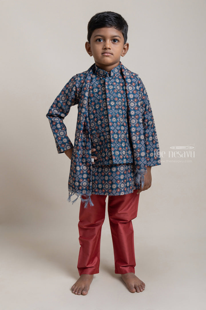 The Nesavu Boys Jacket Sets Gorgeous Navy Blue Geometric Printed Kurta Set With Over coat And Dupatta For Boys Nesavu 14 (6M) / Blue / Chanderi BES303A Gorgeous Printed Navy Kurta Set For Boys | Trendy Boys Dresses | The Nesavu