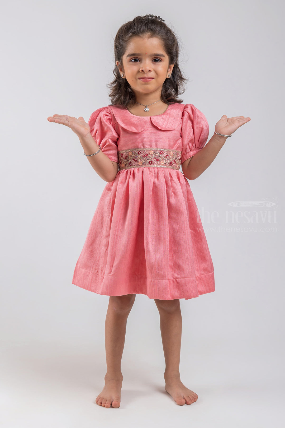 The Nesavu Silk Embroidered Frock Gorgeous Onion Pink Baloon Sleeve And Peter Pan Collared Frock For Girls psr silks Nesavu 18 (2Y) / Pink GFC1028B