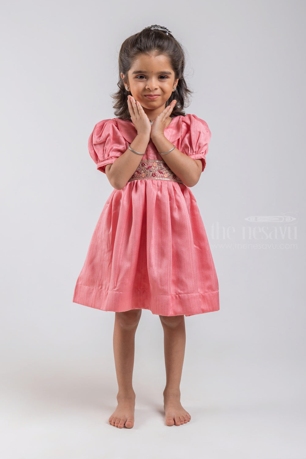 The Nesavu Silk Embroidered Frock Gorgeous Onion Pink Baloon Sleeve And Peter Pan Collared Frock For Girls psr silks Nesavu