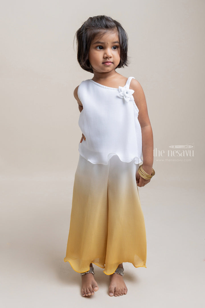 The Nesavu Girls Jumpsuit Gorgeous Orange And White One Shoulder Pattern Pleated Jumpsuit For Girls Nesavu 16 (1Y) / Yellow / Georgette BFJ357B-16 Affordable cotton frocks for babies | Trendy Collection For Girls | The Nesavu