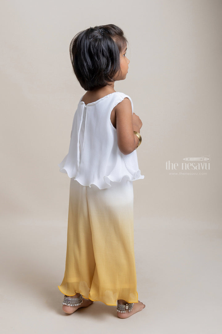 The Nesavu Girls Jumpsuit Gorgeous Orange And White One Shoulder Pattern Pleated Jumpsuit For Girls Nesavu Affordable cotton frocks for babies | Trendy Collection For Girls | The Nesavu