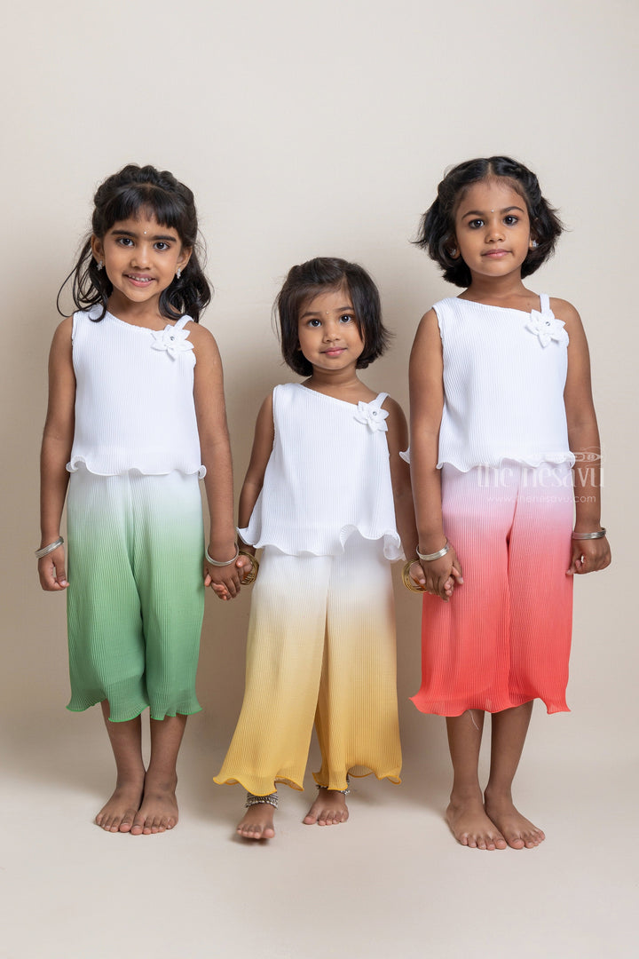 The Nesavu Girls Jumpsuit Gorgeous Orange And White One Shoulder Pattern Pleated Jumpsuit For Girls Nesavu Affordable cotton frocks for babies | Trendy Collection For Girls | The Nesavu