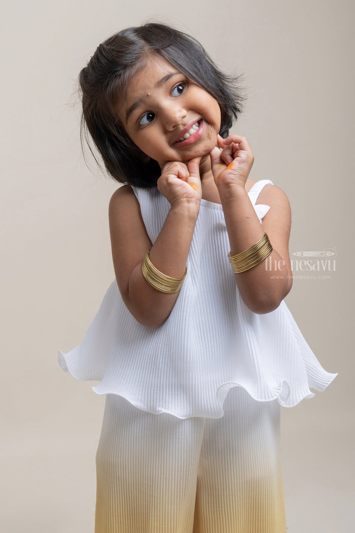 The Nesavu Girls Jumpsuit Gorgeous Orange And White One Shoulder Pattern Pleated Jumpsuit For Girls Nesavu Affordable cotton frocks for babies | Trendy Collection For Girls | The Nesavu