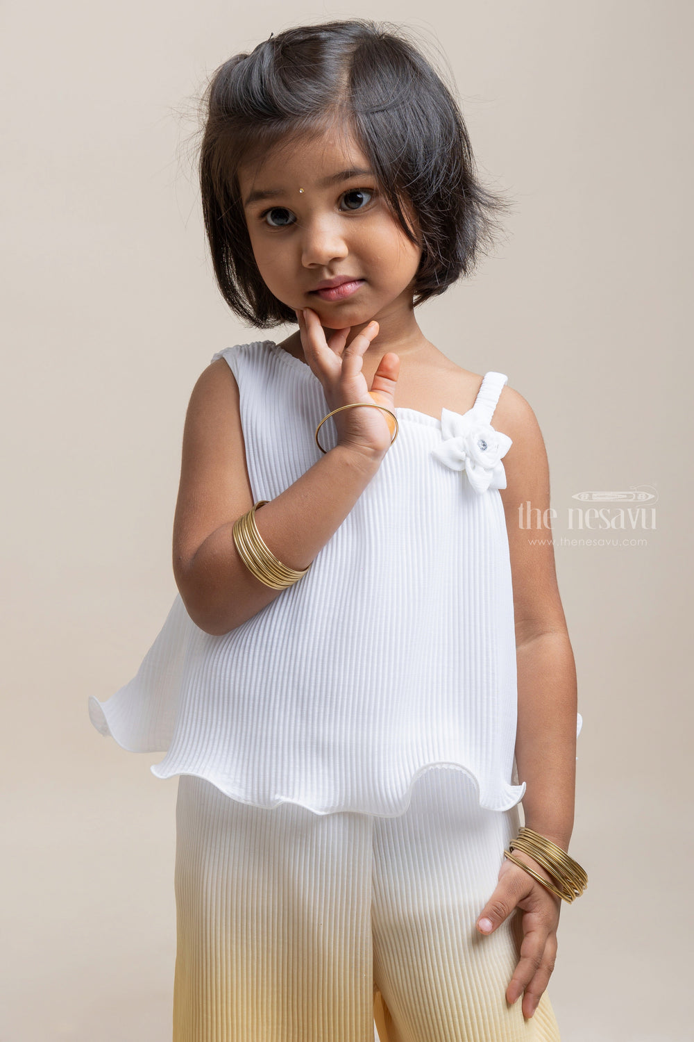 The Nesavu Girls Jumpsuit Gorgeous Orange And White One Shoulder Pattern Pleated Jumpsuit For Girls Nesavu Affordable cotton frocks for babies | Trendy Collection For Girls | The Nesavu