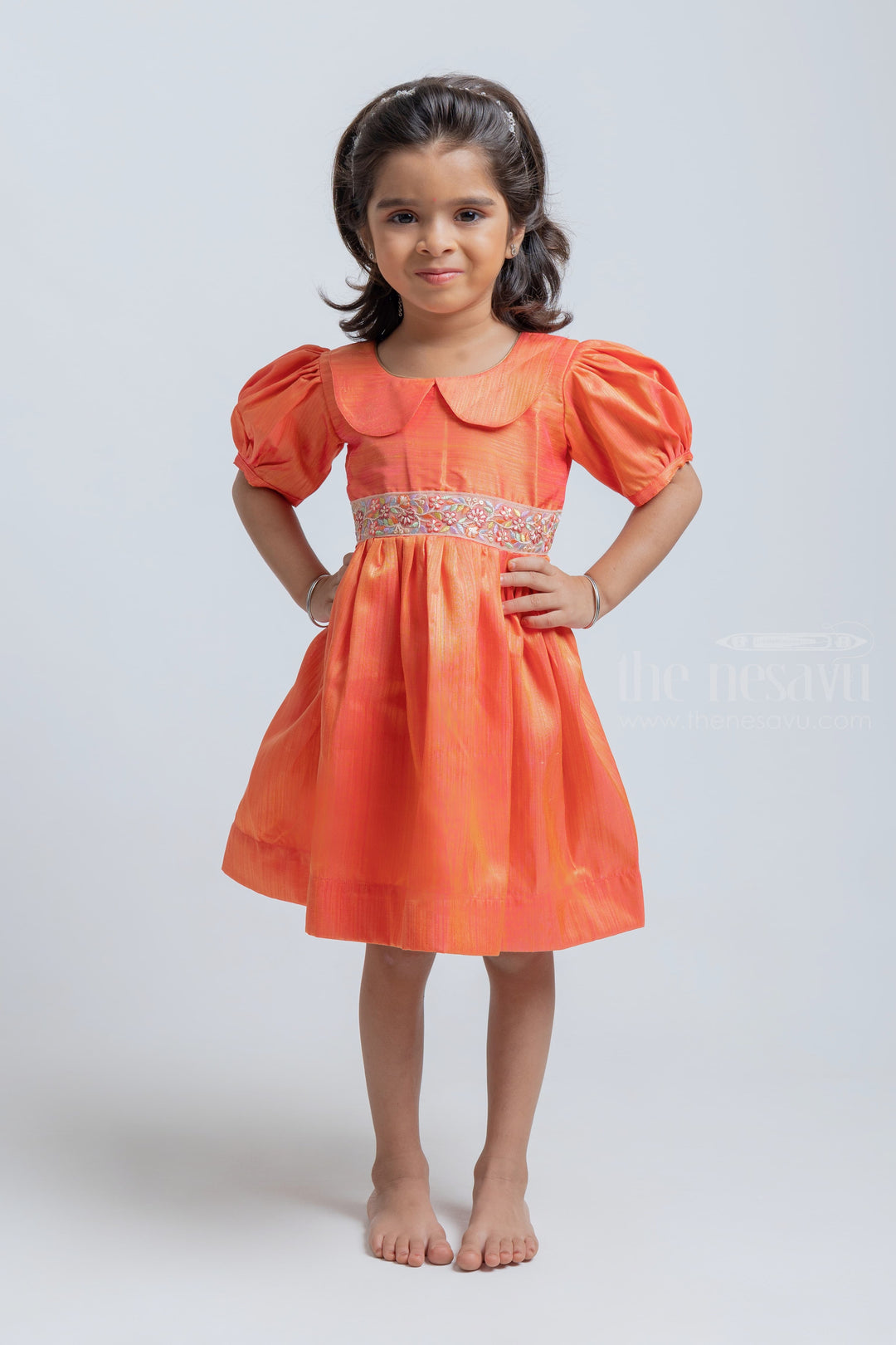 The Nesavu Silk Embroidered Frock Gorgeous Orange Baloon Sleeve And Peter Pan Collared Frock For Girls psr silks Nesavu 16 (1Y) / Orange GFC1028A