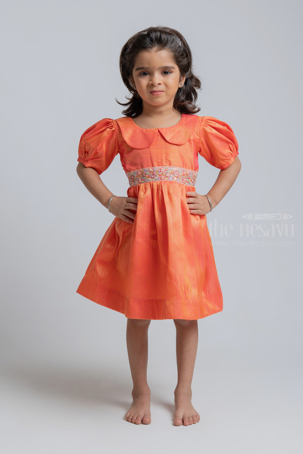 The Nesavu Silk Embroidered Frock Gorgeous Orange Baloon Sleeve And Peter Pan Collared Frock For Girls psr silks Nesavu