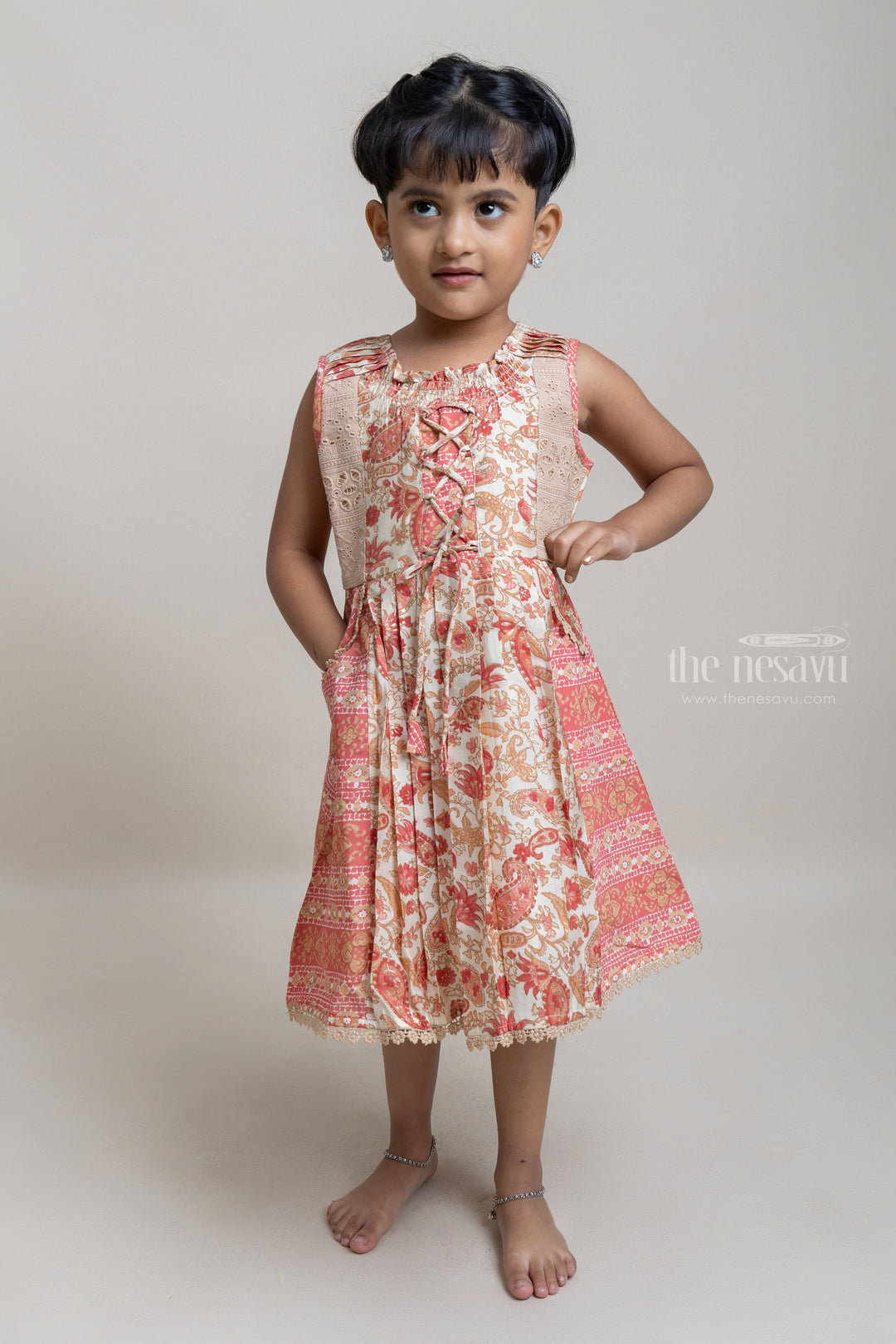 The Nesavu Girls Cotton Frock Gorgeous Orangered Floral Printed Sleeveless Pleated Cotton Frock For Girls Nesavu 22 (4Y) / Salmon / Cotton GFC1005B Latest Cotton Frock For Girls | Floral Printed Girls Frock | The Nesavu