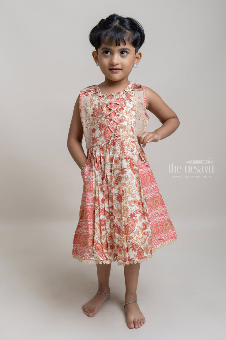 The Nesavu Girls Cotton Frock Gorgeous Orangered Floral Printed Sleeveless Pleated Cotton Frock For Girls Nesavu 22 (4Y) / Salmon / Cotton GFC1005B Latest Cotton Frock For Girls | Floral Printed Girls Frock | The Nesavu