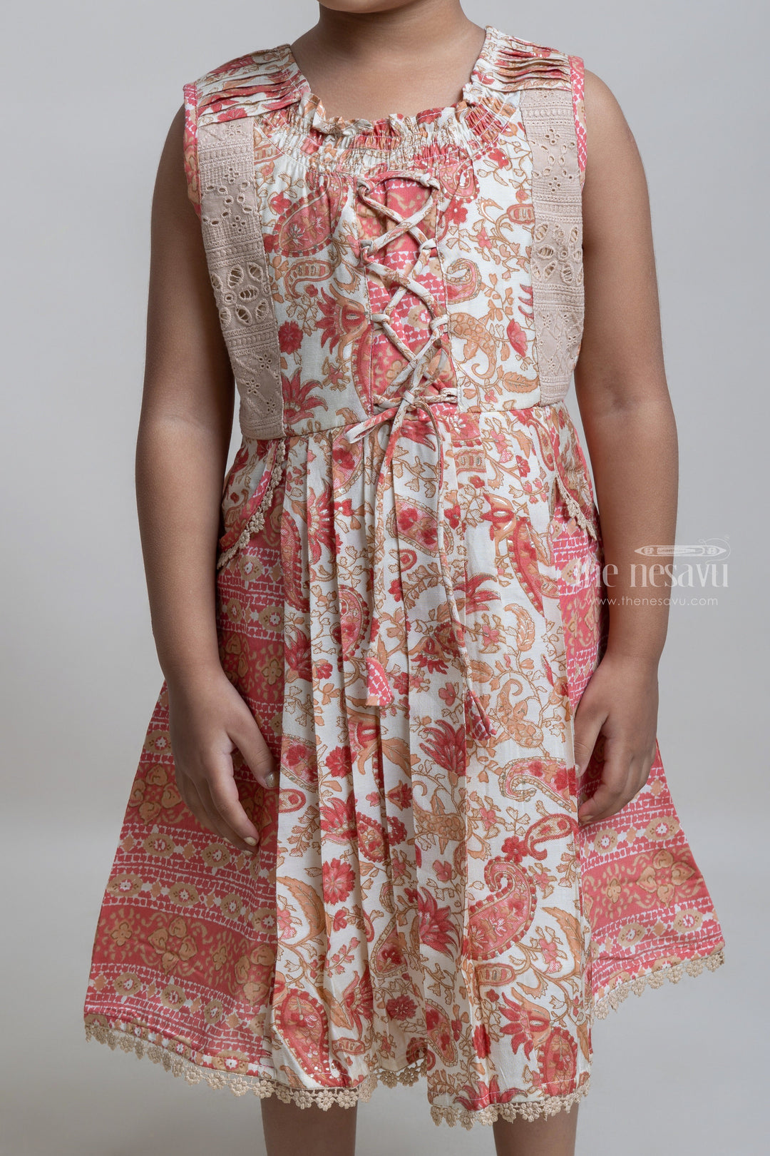 The Nesavu Girls Cotton Frock Gorgeous Orangered Floral Printed Sleeveless Pleated Cotton Frock For Girls Nesavu Latest Cotton Frock For Girls | Floral Printed Girls Frock | The Nesavu
