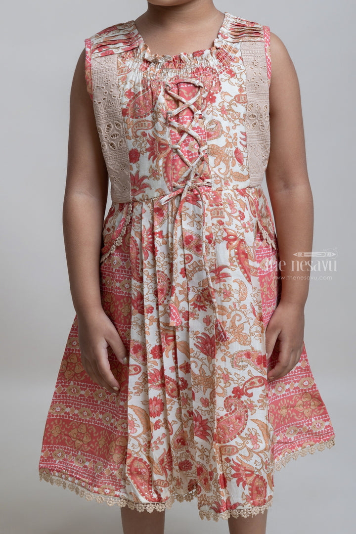 The Nesavu Girls Cotton Frock Gorgeous Orangered Floral Printed Sleeveless Pleated Cotton Frock For Girls Nesavu Latest Cotton Frock For Girls | Floral Printed Girls Frock | The Nesavu