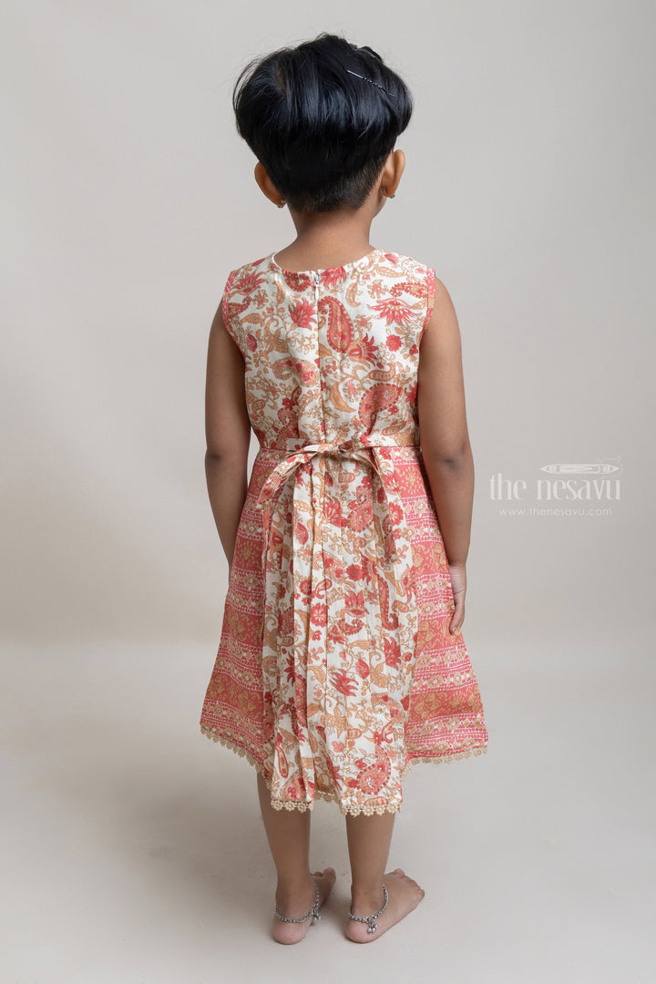 The Nesavu Girls Cotton Frock Gorgeous Orangered Floral Printed Sleeveless Pleated Cotton Frock For Girls Nesavu Latest Cotton Frock For Girls | Floral Printed Girls Frock | The Nesavu