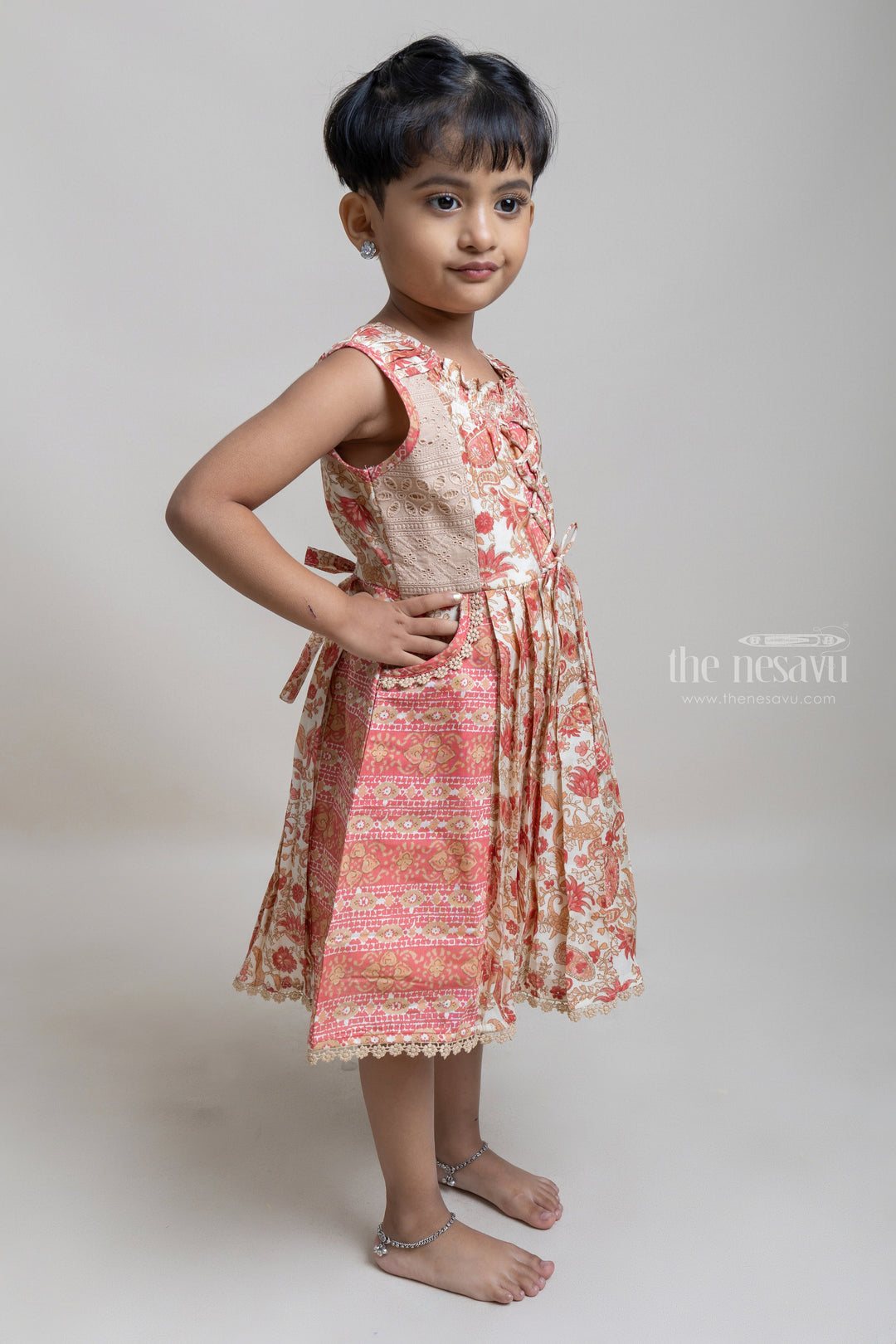 The Nesavu Girls Cotton Frock Gorgeous Orangered Floral Printed Sleeveless Pleated Cotton Frock For Girls Nesavu Latest Cotton Frock For Girls | Floral Printed Girls Frock | The Nesavu