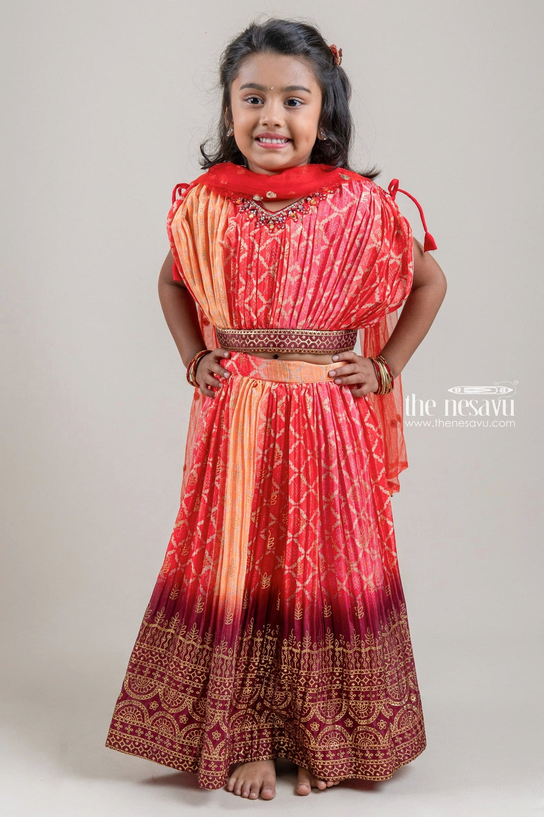 The Nesavu Lehenga & Ghagra Gorgeous Orangered Pleated Choli With Floral Printed Lehenga Set For Girls Nesavu 16 (1Y) / Red / Chinnon Chiffon GL342-16 Attractive Lehenga Dress For Girls | Lehenga Choli Collection | The Nesavu