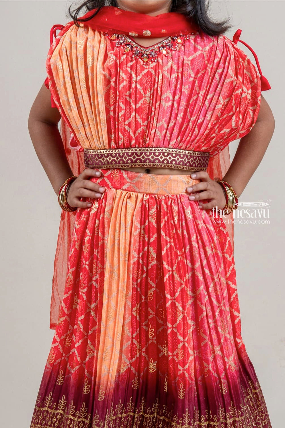 The Nesavu Lehenga & Ghagra Gorgeous Orangered Pleated Choli With Floral Printed Lehenga Set For Girls Nesavu Attractive Lehenga Dress For Girls | Lehenga Choli Collection | The Nesavu