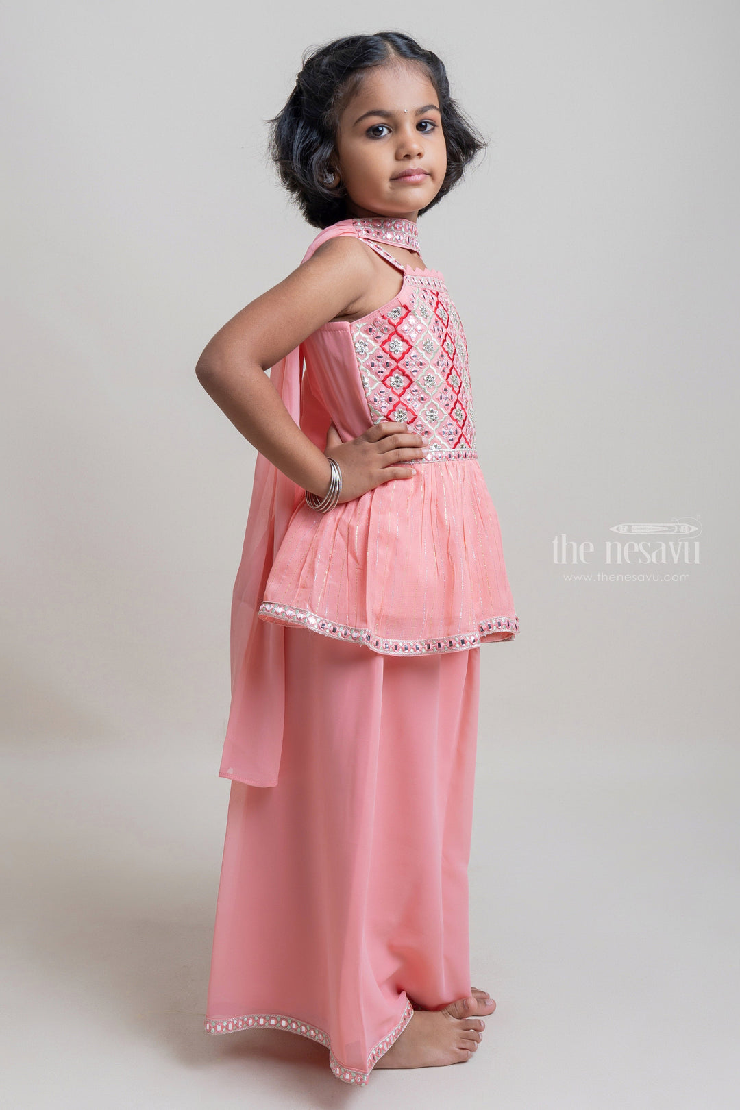 The Nesavu Girls Sharara / Plazo Set Gorgeous Peach Floral Embroidered Top And Designer Lining Palazzo Suit For Girls Nesavu Trendy Peach Palazzo Suit For Girls | Premium Girls Dresses | The Nesavu