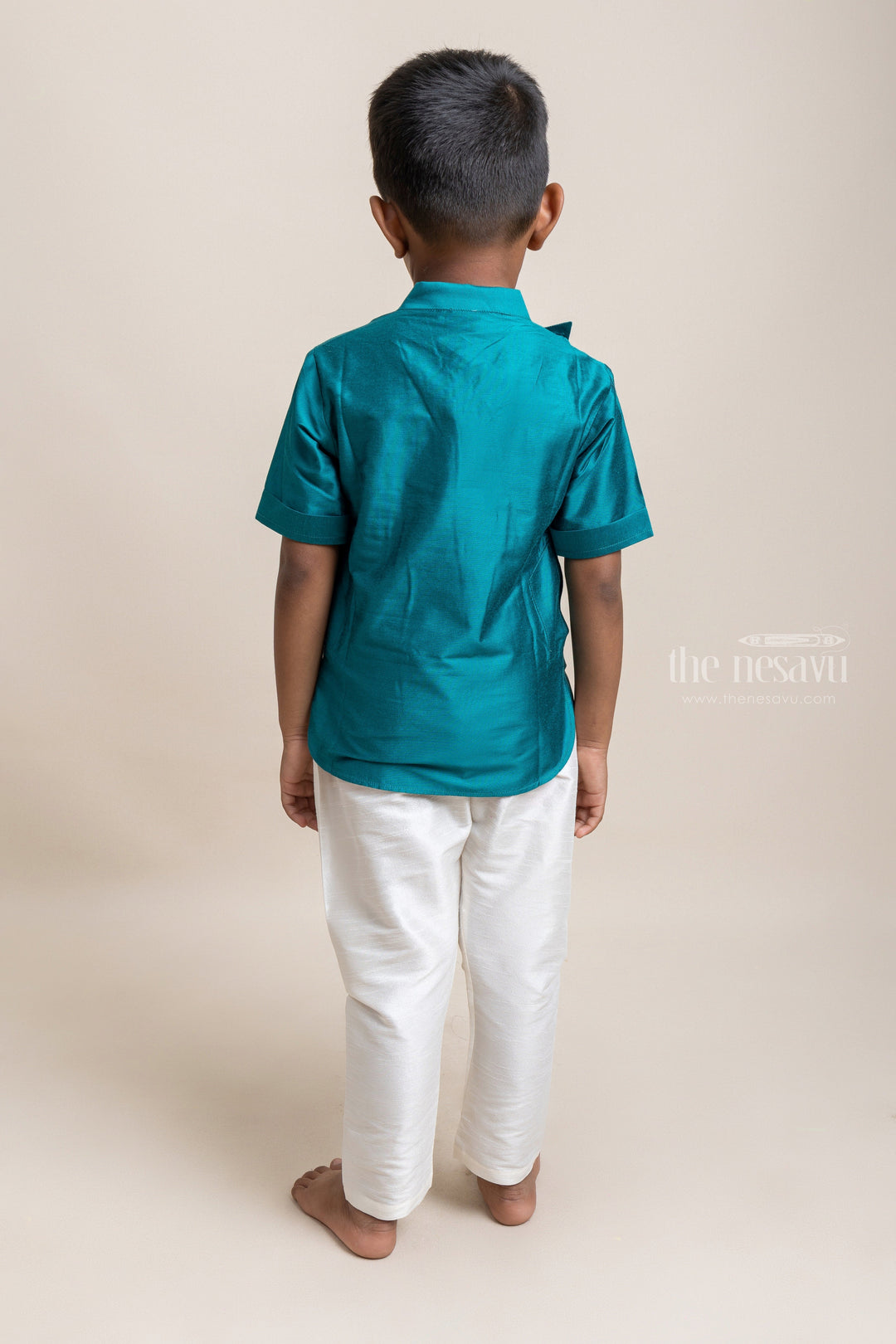 The Nesavu Boys Silk Shirt Gorgeous Peacock Blue Soft Cotton Shirt For Little Boys Nesavu Ethnic Cotton Shirts For Boys | Premium Boys Wear | The Nesavu